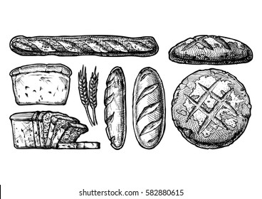 Vector hand drawn illustration set of different breads: wheat germ, long loaf, pan loaf (sliced), baguette and boule. Black and white, isolated on white.