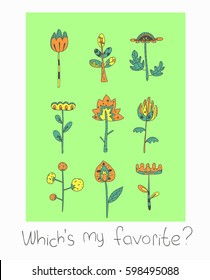 Vector hand drawn illustration. A set of colored stylish flowers