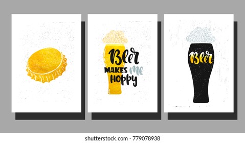 Vector hand drawn illustration. Set poster for the bar. Beer makes me hoppy! Lettering