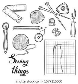  vector hand drawn illustration of sewing tools in vintage style. isolated on white background. 