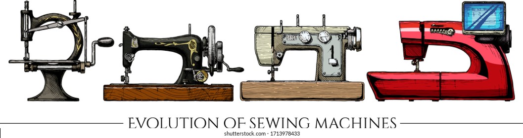 Vector hand drawn illustration of the sewing machine evolution set. From 19th century vintage sewing machines to a modern computerized. isolated on white background. Side view.