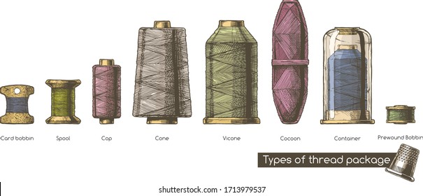 Vector hand drawn illustration of sewing thread bobbins types in vintage engraved style. isolated on white background. Side view.