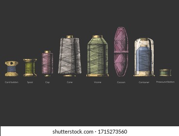 Vector hand drawn illustration of sewing thread bobbins types in vintage engraved style. isolated on black background. Side view.