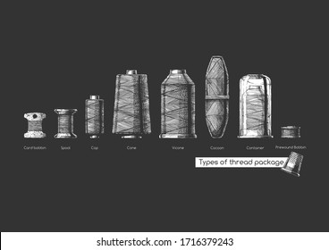 Vector hand drawn illustration of sewing thread bobbins types in vintage engraved style. isolated on black background. Side view.