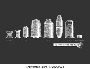 Vector hand drawn illustration of sewing thread bobbins types in vintage engraved style. isolated on black background. Side view.