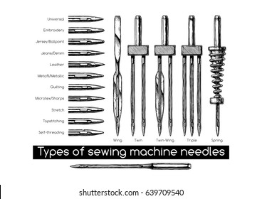 Vector hand drawn illustration of sewing machine needles types in vintage engraved style. isolated on white background.