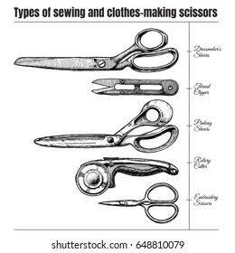 Vector  hand drawn illustration of sewing and clothes-making scissors types. Dressmaker's shears, thread clipper, pinking shears, rotary cutter and embroidery scissors. isolated on white background.