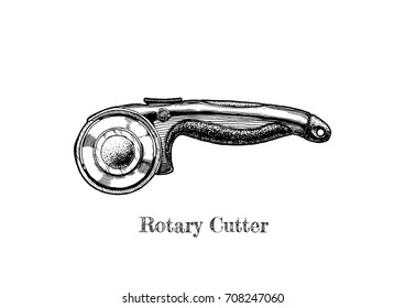 Vector hand drawn illustration of sewing and clothes-making rotary cutter in vintage engraved style