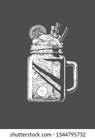 Vector hand drawn illustration of shaker and cocktails in drinking jar with handle and straw. Isolated on black background.