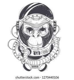 Vector hand drawn illustration shimpanzee in space suit