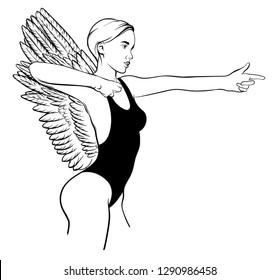 Vector hand drawn illustration of shooting woman with wings isolated. Creative tattoo artwork. Template for card, poster. banner, print for t-shirt, pin, badge, patch.