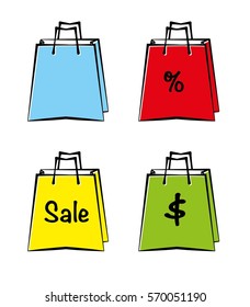 Vector hand drawn illustration of shopping bags icons set with percent, sale and dollar signs in blue, red, yellow and green colors.