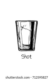 Vector hand drawn illustration of shot glass in vintage engraved style. isolated on white background.