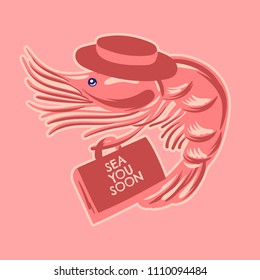 Vector hand drawn illustration of shrimp with hat and suitcase. Template for card, poster. banner, print for t-shirt, pin, badge, patch.