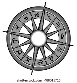 Vector hand drawn illustration of a silver zodiac wheel.