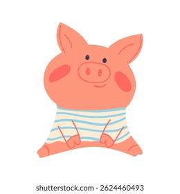 Vector hand drawn illustration in simple hand drawn modern style. Cute pig in striped t-shirt character isolated on white.