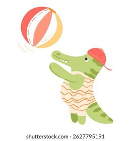 Vector hand drawn illustration in simple hand drawn modern style. Cute croco in swimsuit is playing with a ball on the beach. 