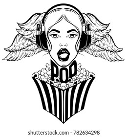 Vector hand drawn illustration of singing girl with pop corn box. Creative artwork. Hand sketched portrait.  Template for card, poster,banner, print for t-shirt, textiles, label, pin, badge. 