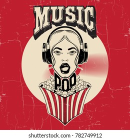 Vector hand drawn illustration of singing girl with pop corn box. Creative artwork. Hand sketched portrait.  Template for card, poster,banner, print for t-shirt, textiles, label, pin, badge. 