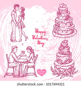 Vector hand drawn illustration of sitting at the table couple man and woman with wineglasses, valentines food - big cake on background with paper texture.Valentines dinner sketch.Linear vintage art
