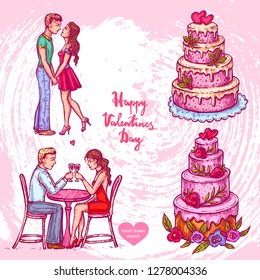 Vector hand drawn illustration of sitting at the table couple man and woman with wineglasses, valentines food - big cake on background with paper texture.Valentines dinner sketch.Linear art 