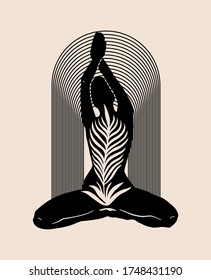 Vector hand drawn illustration of  sitting woman with palm leaf. Tattoo artwork. Template for card, poster, banner, print for t-shirt, pin, badge, patch.