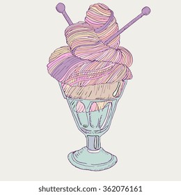 Vector hand drawn illustration of skein of pink purple yarn with needles in pale blue ice-cream cup