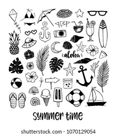 Vector hand drawn illustration. Sketch style. Summer set with tropical, marine and some food elements. Perfect for invitations, greeting cards, posters and more. 