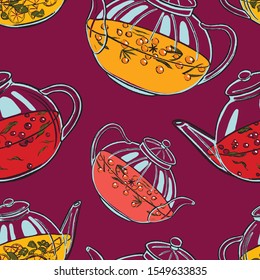 Vector hand drawn illustration in sketch style. Glass teapots with different types of tea. Colored seamless pattern on fuschia background. Tea time wallpaper. Hot drinks. Elements for many design.