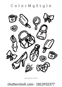 Esbozo de ilustraciones dibujado a mano vectora, ropa/accesorios de lencería, página de coloreado imprimible para colorear adulto anti estrés .