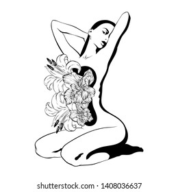 Vector hand drawn illustration of skinny girl with flowers isolated. Creative tattoo artwork. Template for card, poster. banner, print for t-shirt, pin, badge, patch.