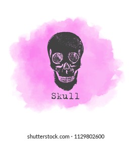 Vector hand drawn illustration. Skull in pink smoke.  Idea for poster, postcard.