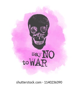 Ilustración dibujada a mano por vectores. Calavera en humo rosa. Dile no a la guerra.  Idea para afiche, postal.