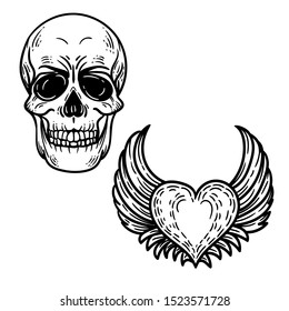 Vector hand drawn illustration of skull and heart with wings in the engraving style isolated on white background.