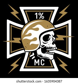 Vector hand drawn illustration with skull and motorcycle helmet. Biker emblem. Motorcycle club t-shirt graphics concept