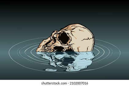 Vector hand drawn illustration of a skull drowning in the dark waters with reflection and water rings on black background.