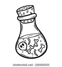 Vector hand drawn illustration. A skull and bones in a flask with poison. Halloween decoration. Jar with venom. Glass bottle