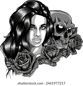 Vector dibujado a mano ilustración de Calavera y calavera de azúcar niña Calavera flor de azúcar. Tatuaje de cráneo aislado en blanco.