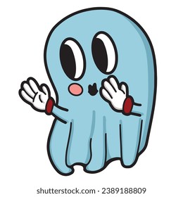 vector hand drawn illustration of sky blue ghost in retro style of 90's isolated on white