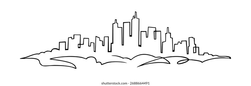 Vector dibujado a mano ilustración. Cielo línea paisaje urbano en una línea. Blanco y negro. 