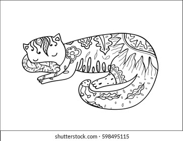 Vector hand drawn illustration. Sleeping cat. Doodle drawing
