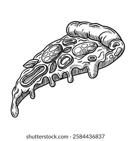 Vector hand drawn illustration of slice of pizza with cheese and pepperoni