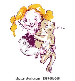 vector hand drawn illustration of a small baby girl with yellow hair holding a big orange cat. Hard brown outline.