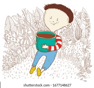 ilustración dibujada a mano vectorial. Niño pequeño con taza en un bosque fantástico.