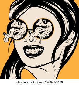 Vector hand drawn illustration of smiling girl in sunglasses with frogs . Template for card, poster, banner, print for t-shirt, pin, badge, patch.