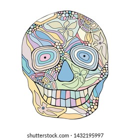 Vector hand drawn illustration of smiling skull with flowers, spider web, tooth, lines face of human Print horror for t shirt. Mexican style, day of the dead, halloween. Sketch, doodle drawing. 
