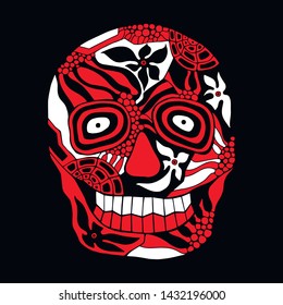 Vector hand drawn illustration of smiling skull with flowers, spider web, tooth, lines face of human Print horror for t shirt. Mexican style, day of the dead, halloween. Sketch, doodle drawing. 