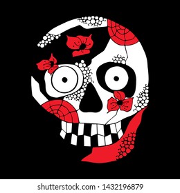 Vector hand drawn illustration of smiling skull with flowers, spider web, tooth, lines face of human Print horror for t shirt. Mexican style, day of the dead, halloween. Sketch, doodle drawing. 
