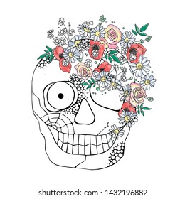 Vector hand drawn illustration of smiling skull with watercolor flowers, spider web, tooth, face of human Print horror for t shirt. Mexican style, day of the dead, halloween. Sketch, doodle drawing. 