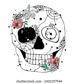 Vector hand drawn illustration of smiling skull with watercolor flowers, spider web, tooth, face of human Print horror for t shirt. Mexican style, day of the dead, halloween. Sketch, doodle drawing. 